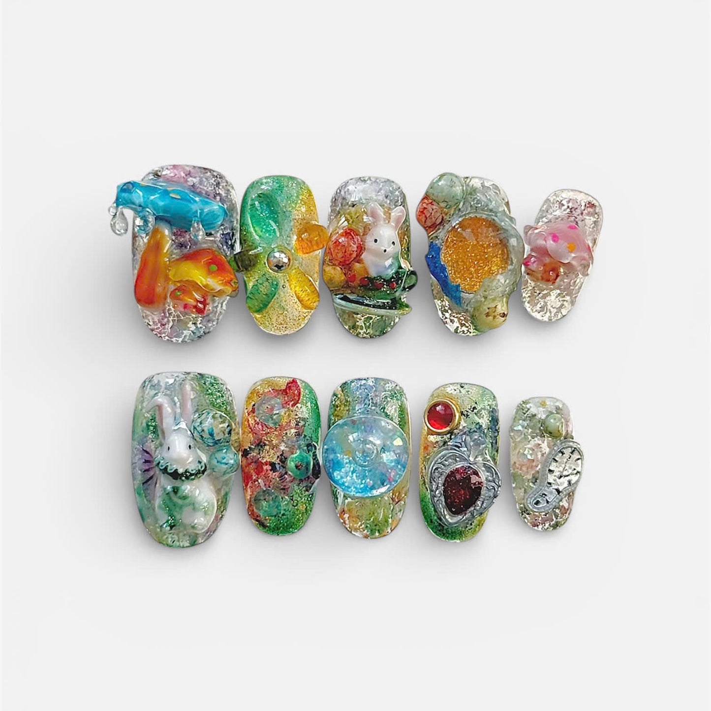 Green Abstract Art Press On Nails Handmade Long Nail Set