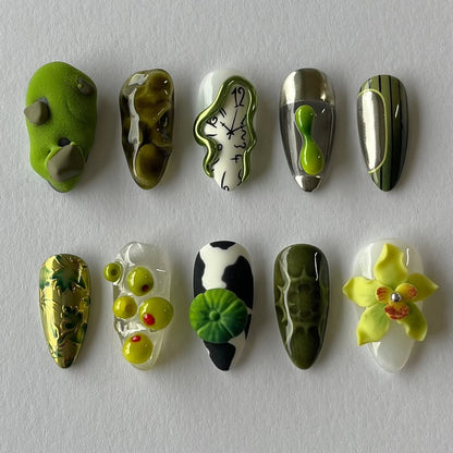 Green Art Press On Nails Handmade Abstract Long Nail Set