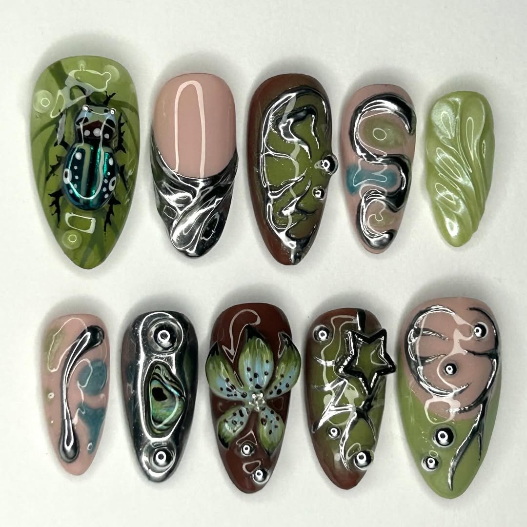 Green Beetle Press On Nail Set Nature Art Metallic Style