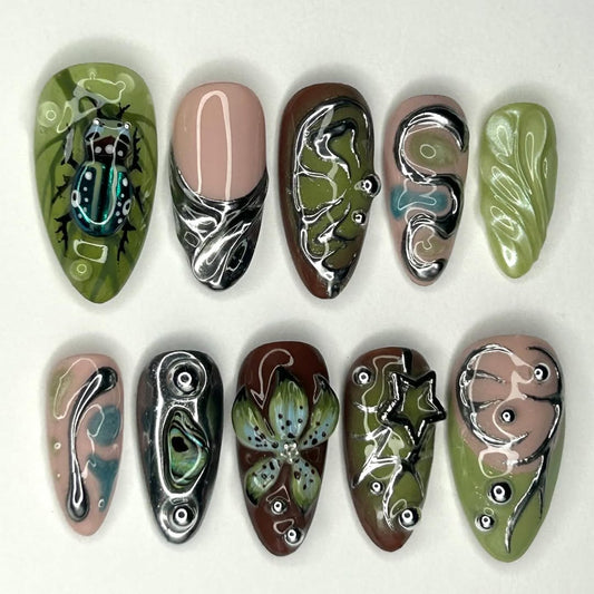Green Beetle Press On Nail Set Nature Art Metallic Style