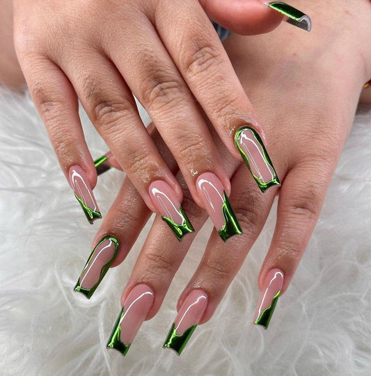 Green Chrome French Edge Press On Nails Set