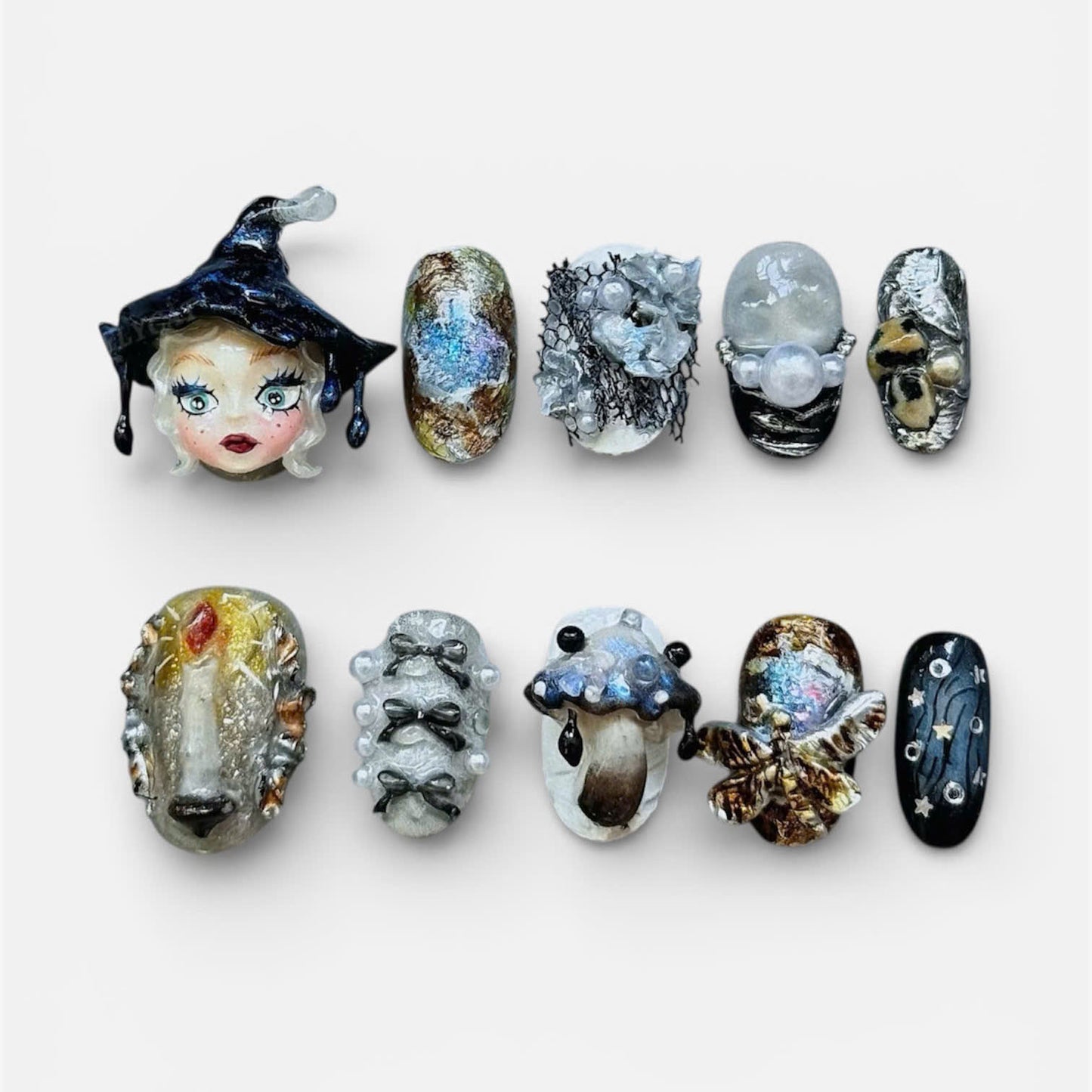 Grey Gothic Fantasy Press On Nails Handmade 3D Art Set