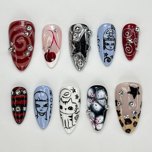Grunge Cartoon Style Press On Nails - Y2K Grunge Cartoon Star Nails
