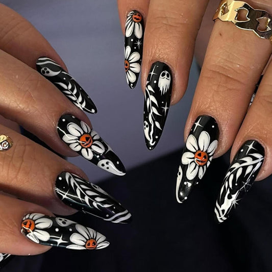 Halloween Black Press On Nails  - Halloween Floral Pumpkin Press On Nails