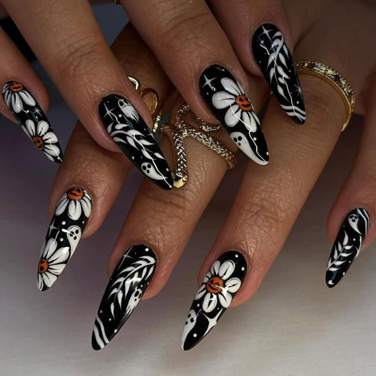 Halloween Gothic Floral Press-On Nails with Pumpkins and Ghost Details