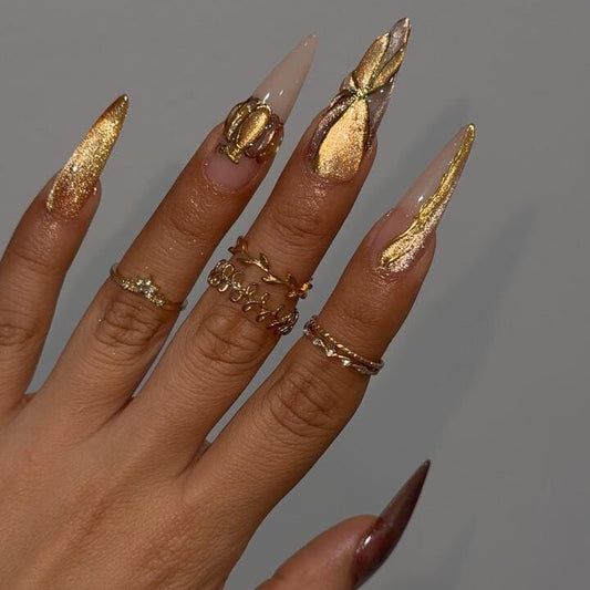 Halloween Luxury Gold Press On Nails - Golden Chrome Glitter Luxury Press Nails