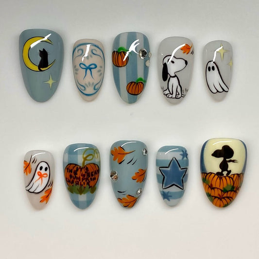 Halloween Snoopy Pumpkin Ghost Cat Moon Autumn Leaves Nails