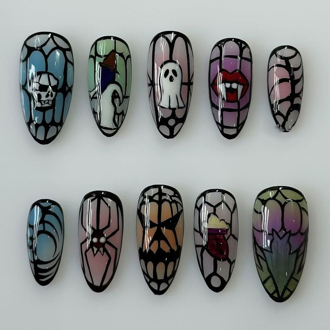Halloween Stained Glass Press On Nails – Spooky Gothic Art