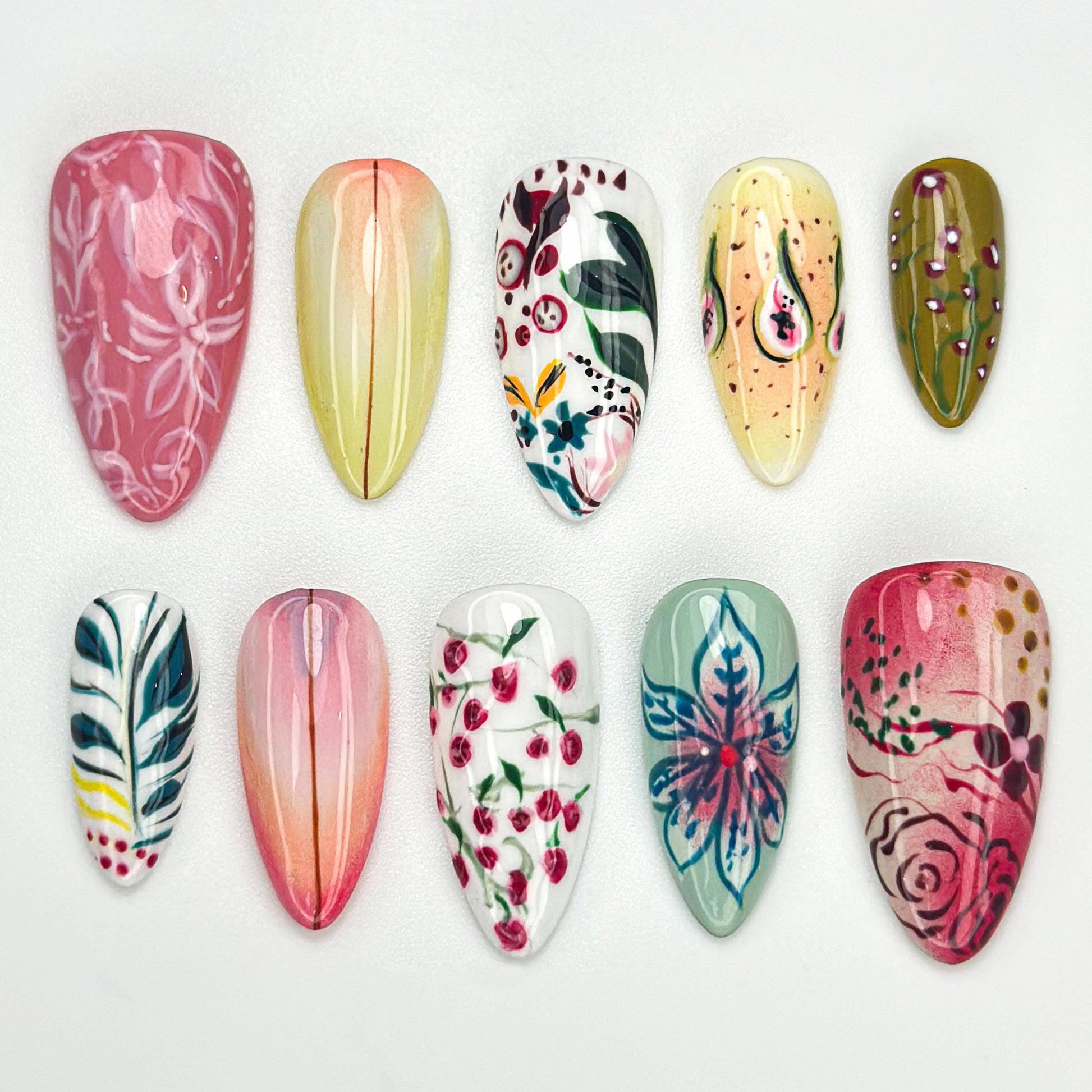 Hand-Painted Botanical Press On Nail Set