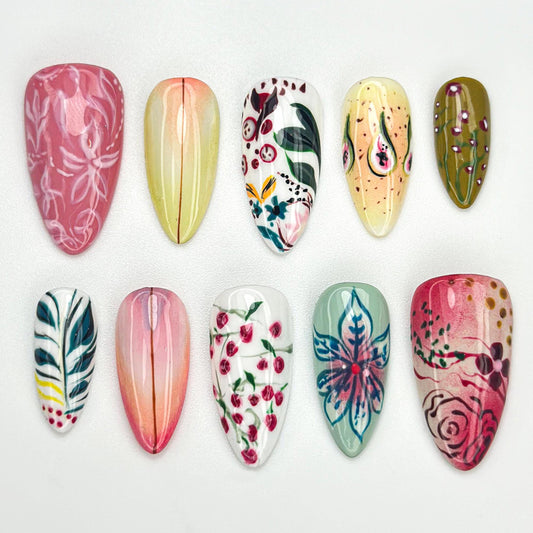 Hand-Painted Botanical Press On Nail Set