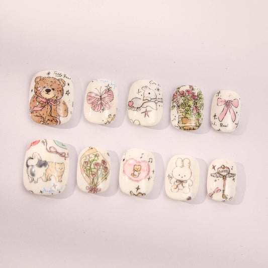Hand-Painted Kawaii Press-On Nails with Adorable Charm.