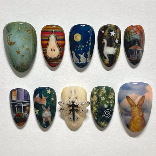 Hand-Painted Storybook Press-On Nails with Rabbits, Stars, and Dragonfly
