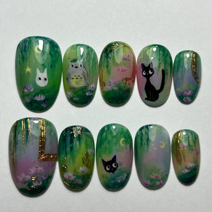 Hand-Painted Totoro and Jiji Forest Press On Nail Set