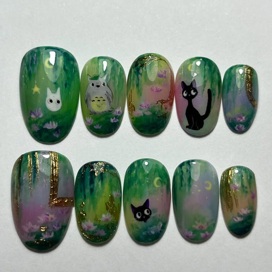 Hand-Painted Totoro and Jiji Forest Press On Nail Set