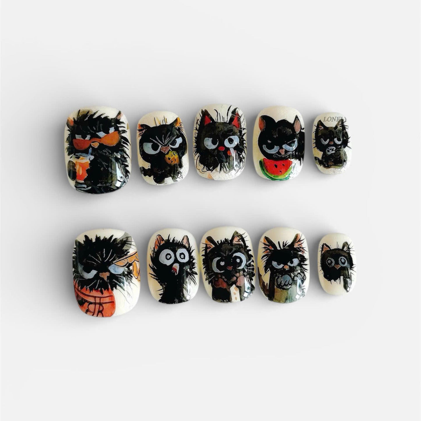Hand Painted Black Cat Press On Nails Cute Art Set