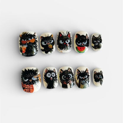Hand Painted Black Cat Press On Nails Cute Art Set