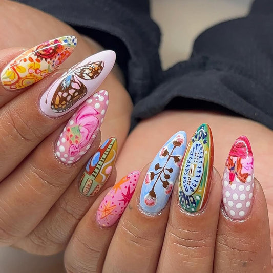 Hand Painted Butterfly and Floral Almond Press-On Nail Set