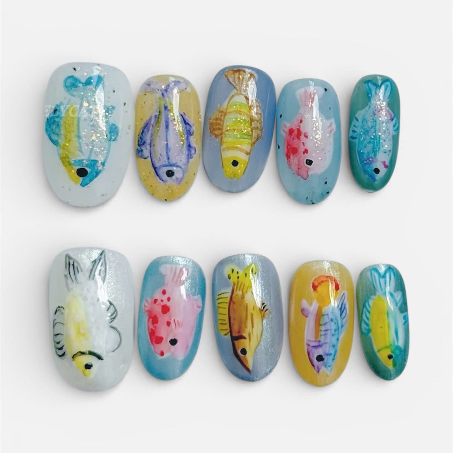 Hand Painted Fish Art Press On Nails Colorful Set