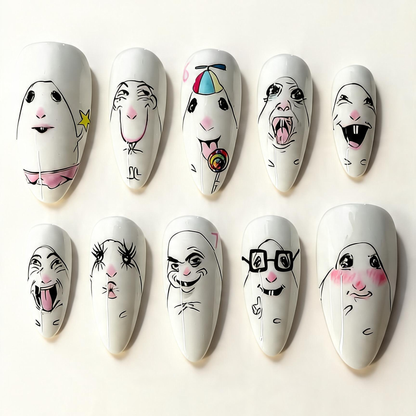 Hand Painted Meme Face Press On Nails Funny Cartoon Expression Art Set