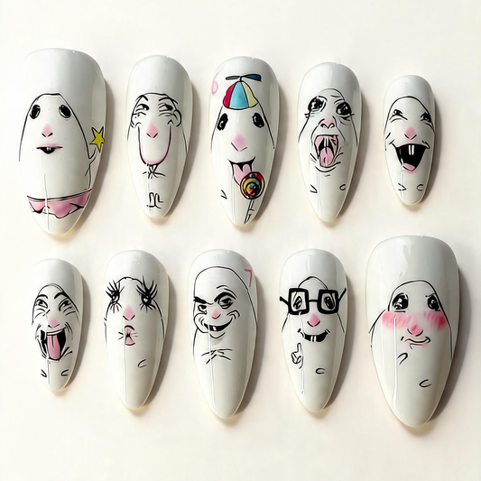 Hand Painted Meme Face Press On Nails Funny Cartoon Expression Art Set