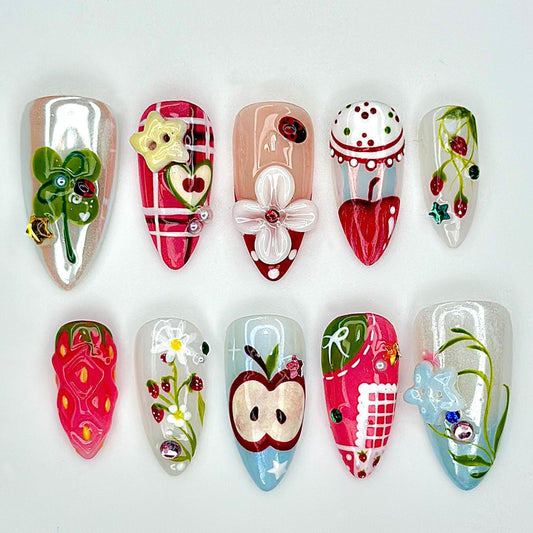 Handcrafted Apple Strawberry Press On Nails - Fruit Garden 3D Press On Nails