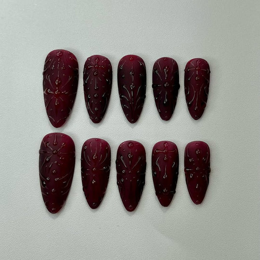 Handmade Burgundy Embossed 3D Floral Gothic Elegant Nails