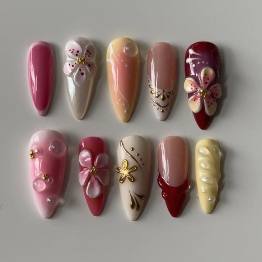 Handmade Press-On Nails with 3D Floral Pink and Red Accents