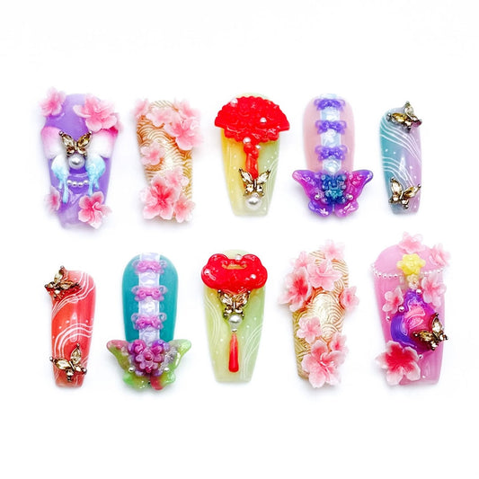 Handmade Press-On Nails with 3D Flowers, Butterflies, and Fairy Accents