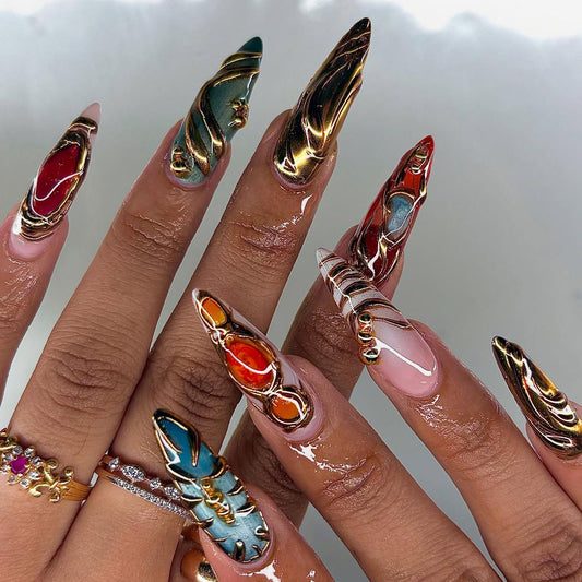 Handmade Press-On Nails with 3D Metallic Luxury Stone Art