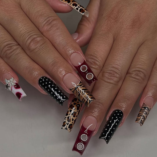 Handmade Press-On Nails with Animal Prints and Gothic Accents
