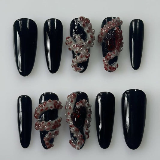 Handmade Press-On Nails with Black Base and 3D Octopus Tentacles