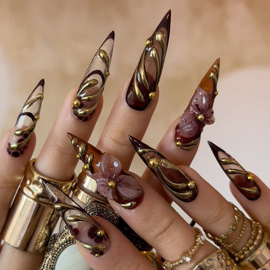 Handmade Press-On Nails with Burgundy Gold Swirls and 3D Floral Accents