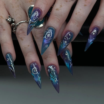 Handmade Press-On Nails with Cosmic Galaxy Constellation and Moon Accents