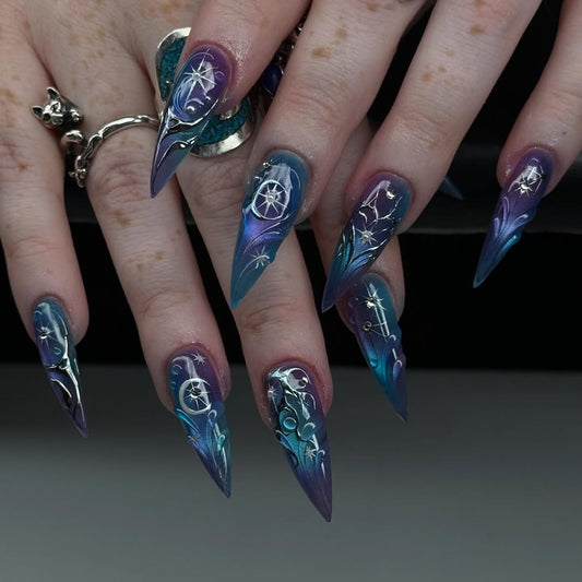 Handmade Press-On Nails with Cosmic Galaxy Constellation and Moon Accents