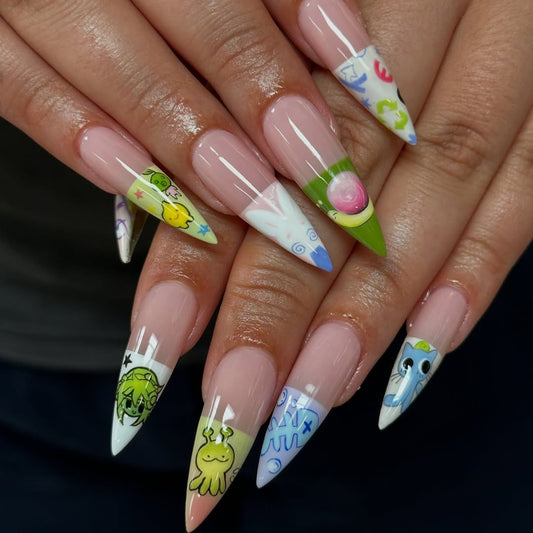 Handmade Press-On Nails with Cute Cartoon Characters and Playful Art