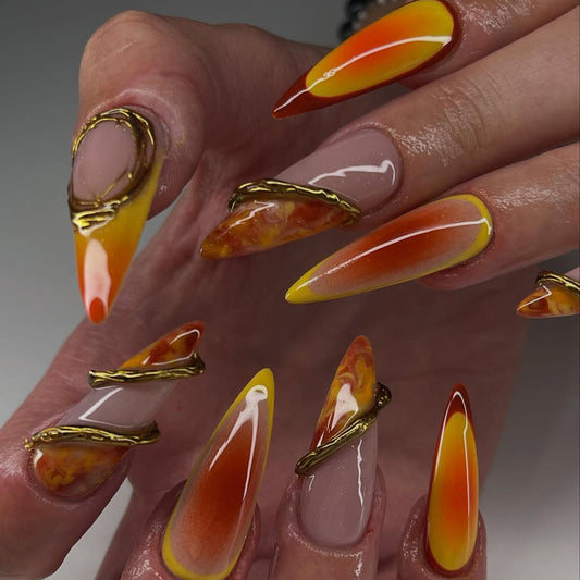 Handmade Press-On Nails with Fiery Sunset Gradient and Gold Accents