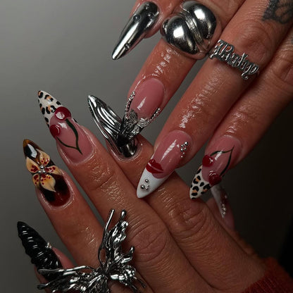 Handmade Press-On Nails with Metallic Silver and Gothic Glam Art
