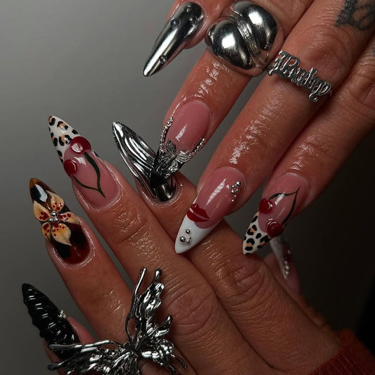 Handmade Press-On Nails with Metallic Silver and Gothic Glam Art