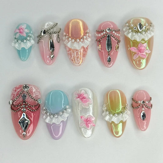 Handmade Press-On Nails with Pearls, Lace Ruffles, and Crystal Accents