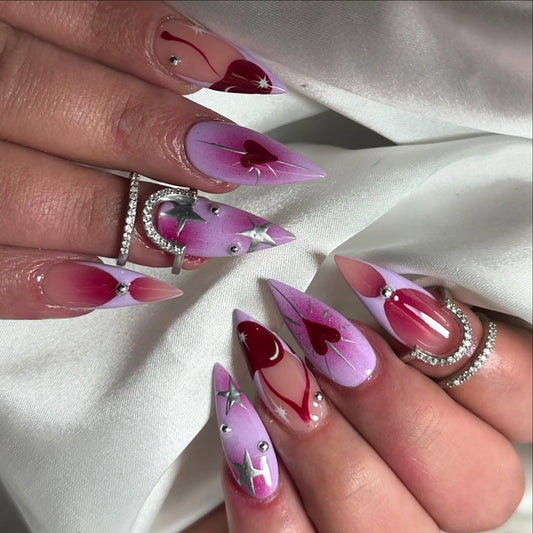 Handmade Press-On Nails with Pink Hearts, Stars, and Lunar Accents