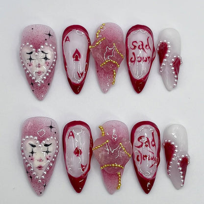 Handmade Red and White Press-On Nails with Artistic Heart Design