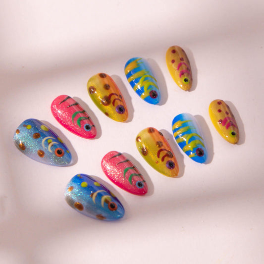 Handmade Shiny and Colorful Small Fish Press-On Nails.