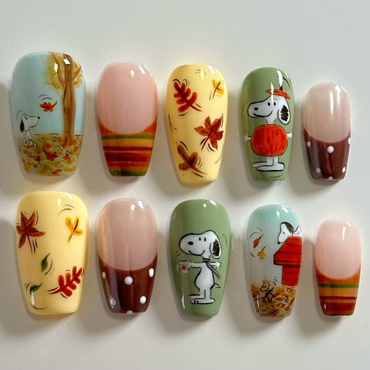 Handmade Snoopy Autumn Pumpkin Falling Leaves Artistic Nails