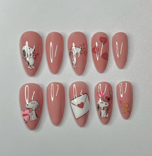Handmade Valentine Pink Nails with Snoopy, Hearts and Love Letters