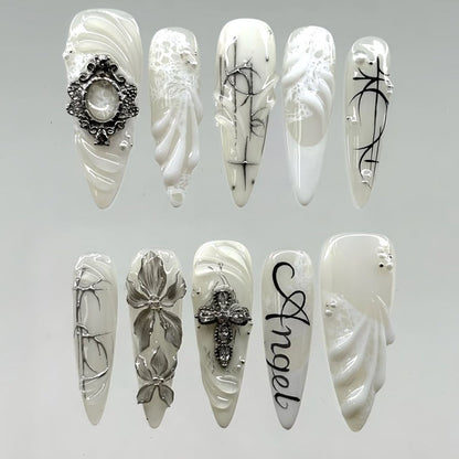 Handmade White Press-On Nails with Angelic Cross and Floral Design