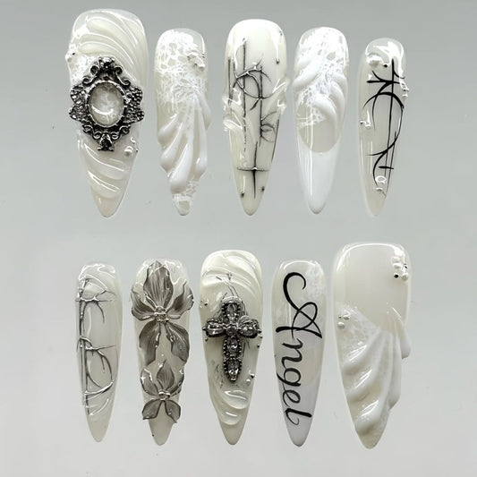 Handmade White Press-On Nails with Angelic Cross and Floral Design