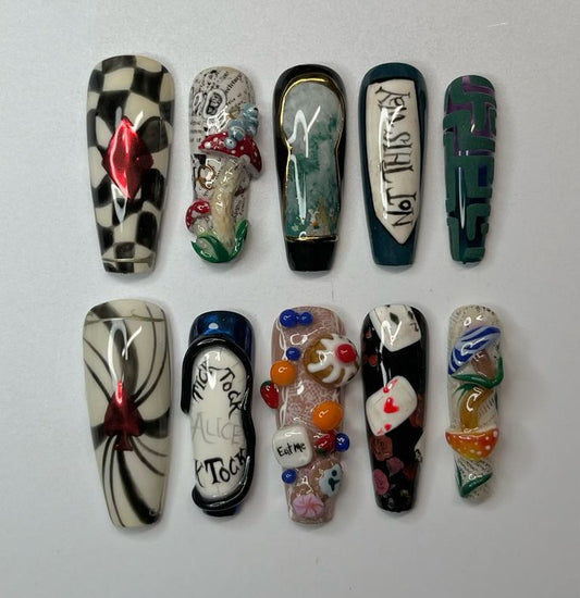 Handmade Wonderland Fantasy Nails with Mushrooms, Cards and Surreal Details