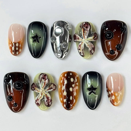 Handpainted Brown Green Press On Nails with Floral and Star 3D Accents