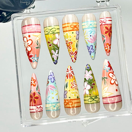 Handpainted Colorful Floral Festival Press On Nails