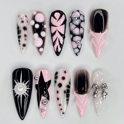 Handpainted Pink Black White Press On Nails with Star, Bow, and Bubble 3D Accents
